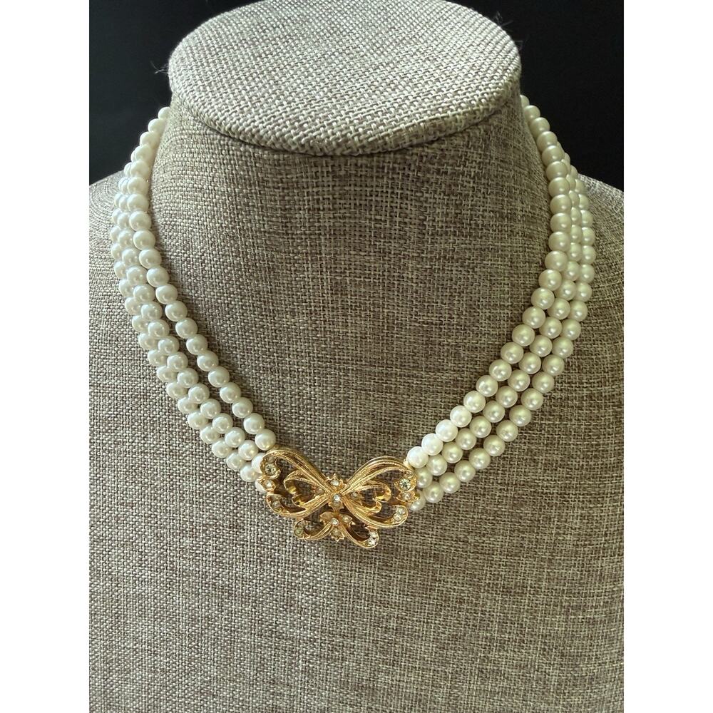 Vintage Signed AVON 3 Strand Faux Pearl Rhinestone Butterfly Choker Necklace
